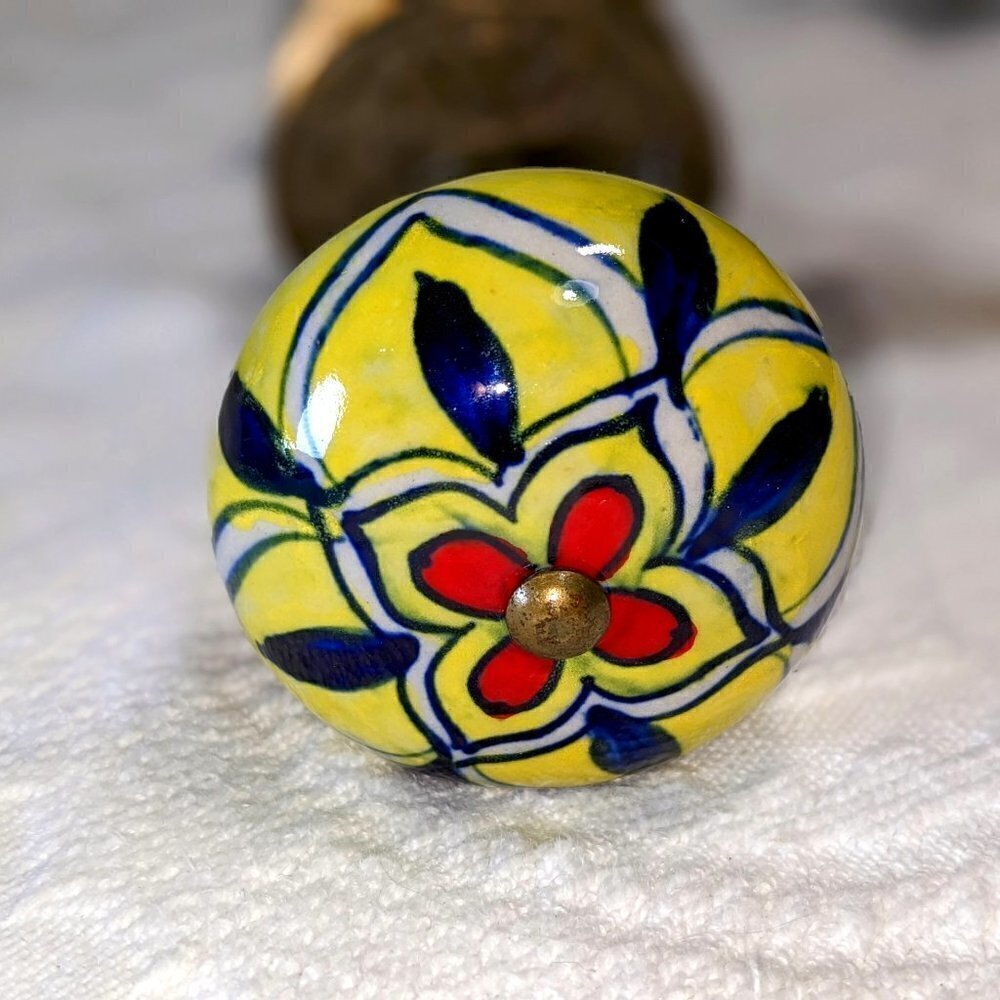 Vintage Ceramic Polished Hand Painted Floral Brass Doorknobs